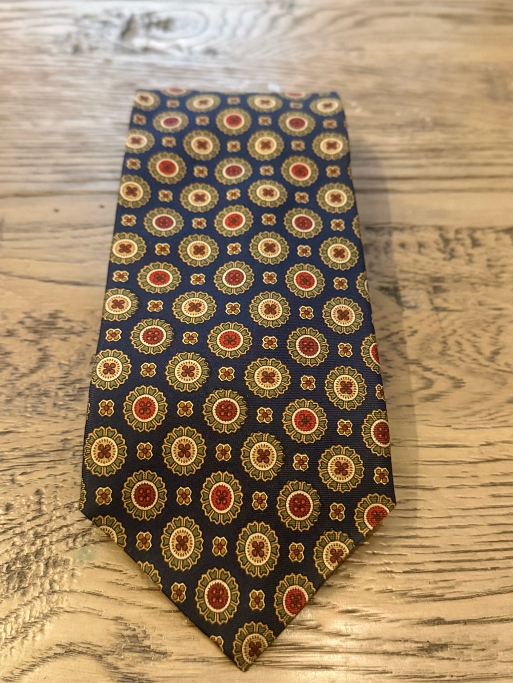 Navy Floral Medallion Tie with Red and Gold Accents